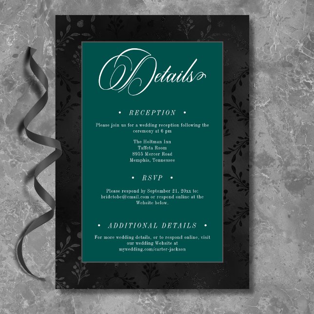 Dark Gothic Black Floral Satin Damask Teal Wedding Enclosure Card (Creator Uploaded)