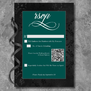 Dark Gothic Black Floral Satin Damask Teal Wedding RSVP Card