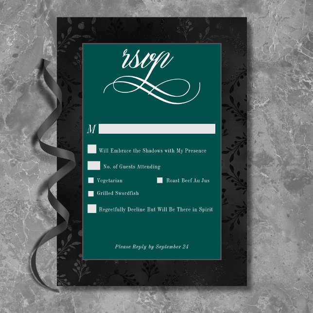 Dark Gothic Black Floral Satin Damask Teal Wedding RSVP Card (Creator Uploaded)