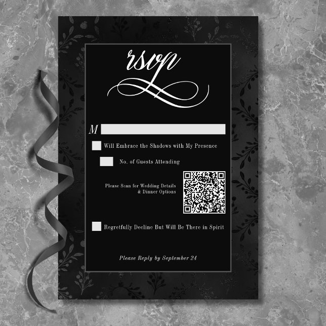 Dark Gothic Black Floral Satin Damask Wedding QR RSVP Card (Creator Uploaded)