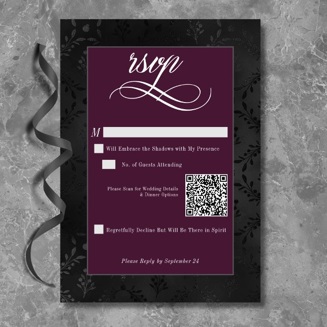 Dark Gothic Black Floral Satin Damask Wine Wedding RSVP Card (Creator Uploaded)