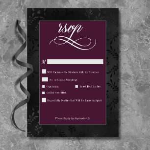 Dark Gothic Black Floral Satin Damask Wine Wedding RSVP Card