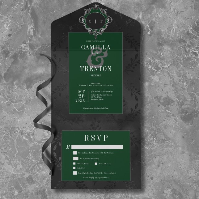 Dark Gothic Black & Green Floral Satin Dinner All In One Invitation (Dark Gothic Black & Green Floral Satin Dinner All In One Invitation)