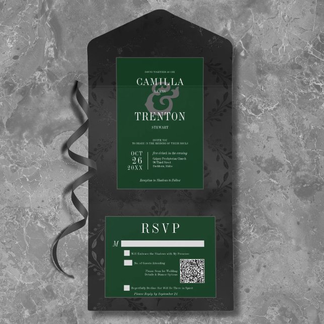 Dark Gothic Black & Green Floral Satin QR Code All In One Invitation (Creator Uploaded)