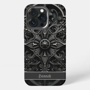 Dark Gothic Black & Grey Filigree Medallion iPhone 13 Pro Case