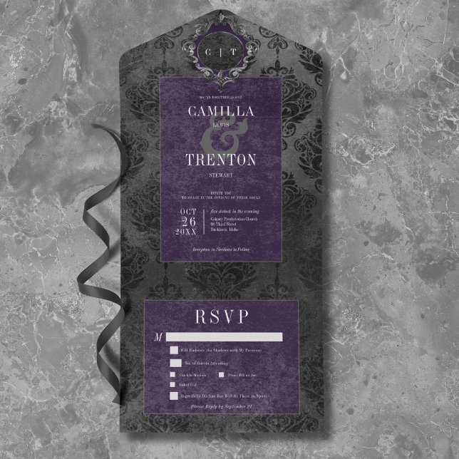 Dark Gothic Black & Purple Damask Dinner All In One Invitation (Dark Gothic Black & Purple Damask Dinner All In One Invitation)
