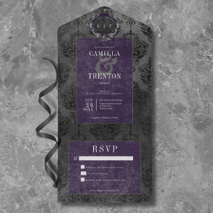 Dark Gothic Black & Purple Damask No Dinner All In One Invitation