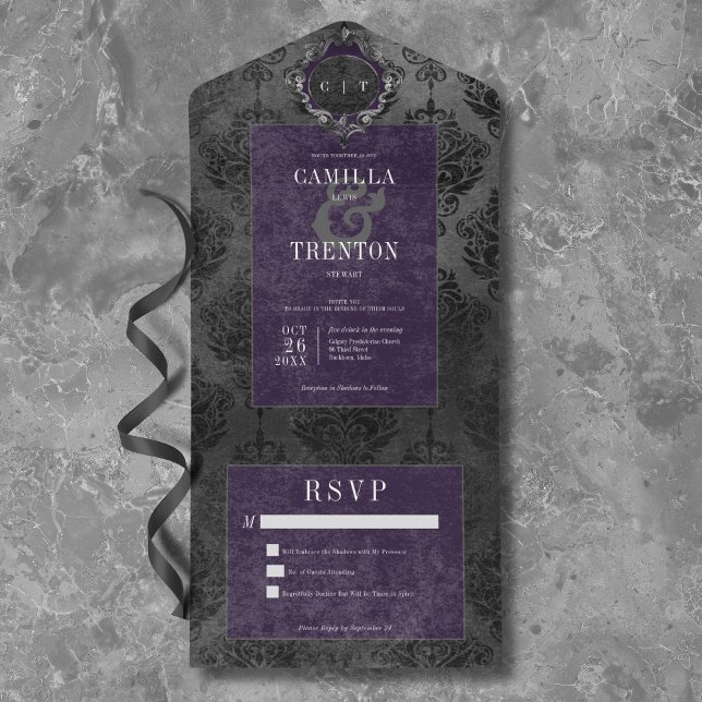 Dark Gothic Black & Purple Damask No Dinner All In One Invitation (Dark Gothic Black & Purple Damask Dinner All In One Invitation)