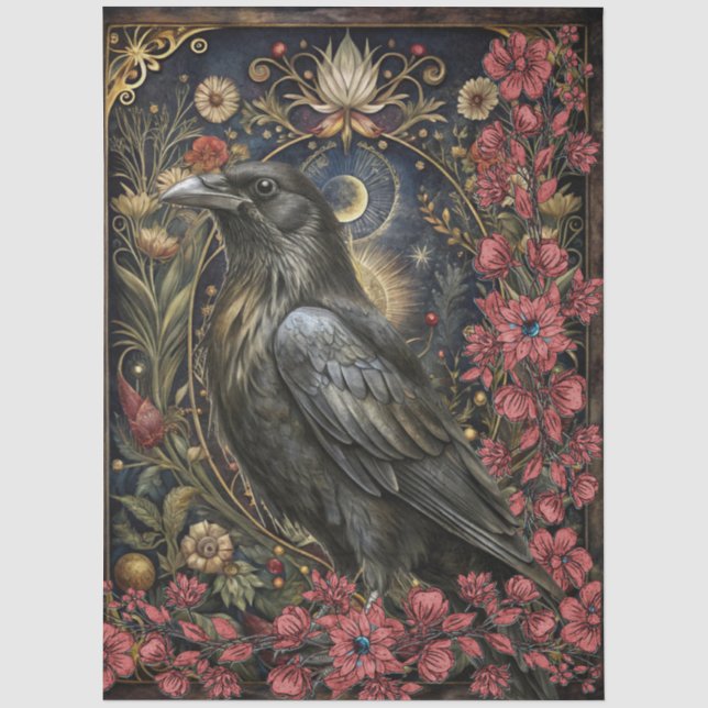 Dark Gothic Black Raven Floral Abstract Collage Tissue Paper (Front)