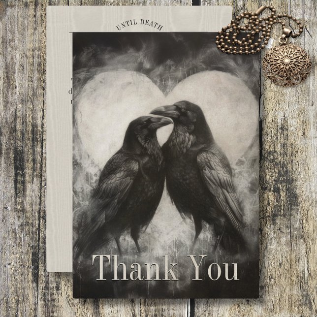 Dark Gothic Black & Tan Raven Couple Wedding Thank You Card (Dark Gothic Black & Tan Raven Couple Wedding Thank You Card)