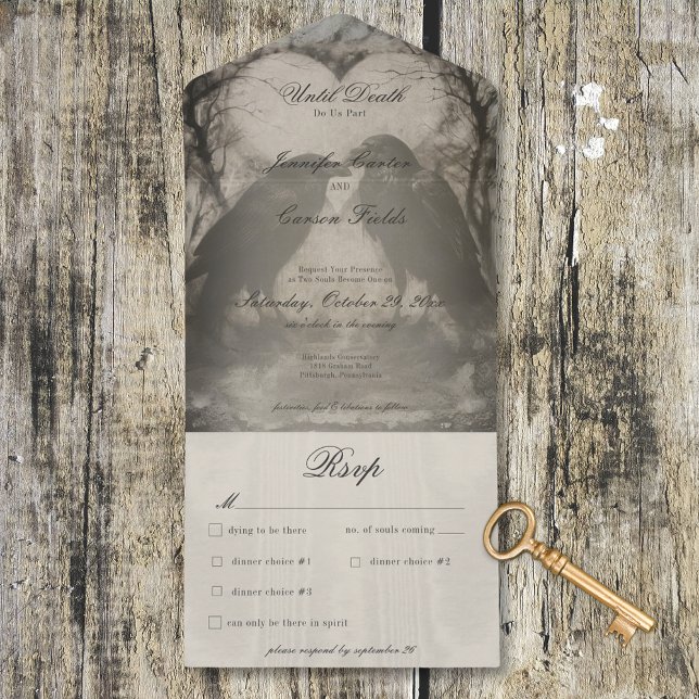 Dark Gothic Black & Tan Raven Wedding Dinner All In One Invitation (Dark Gothic Black & Tan Raven Wedding Dinner All In One Invitation)