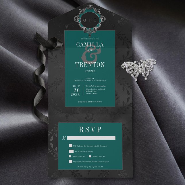 Dark Gothic Black & Teal Floral Satin Dinner All In One Invitation (Also available with a QR code or without dinner selection options.)
