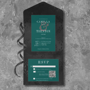 Dark Gothic Black & Teal Floral Satin QR Code All In One Invitation