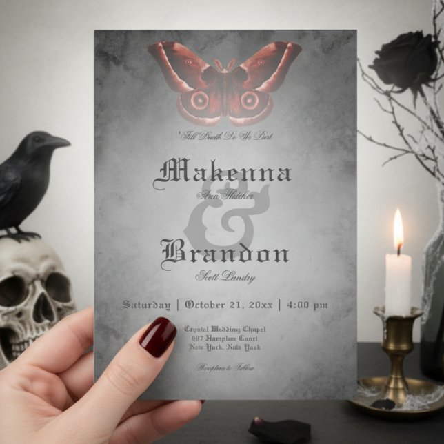 Dark Gothic Black Watercolor Red Moth Wedding Invitation (Creator Uploaded)