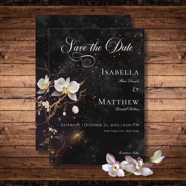 Dark Gothic Black & White Orchid Spells Wedding Save The Date (Dark Gothic Black & White Orchid Spells Wedding Save The Date Card)