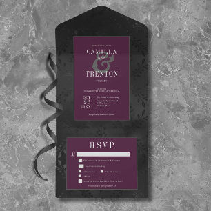Dark Gothic Black Wine Floral Satin Dinner All In One Invitation