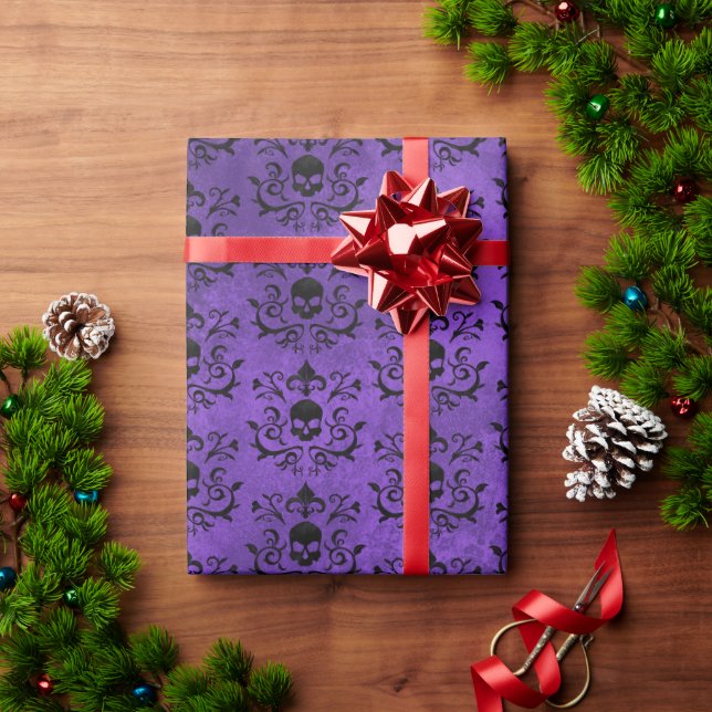 Dark Gothic Damask Floral Skull (Black and Purple) Wrapping Paper (Holiday Gift)