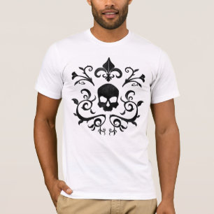 Dark Gothic Damask Floral Skull (Black and White) T-Shirt