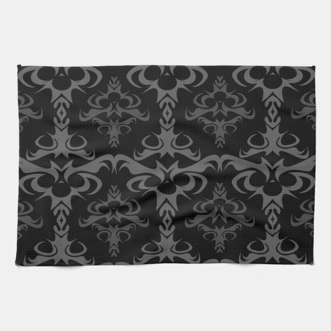Dark Gothic Damask Pattern Tea Towel (Horizontal)