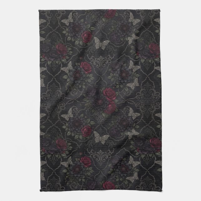 Dark Gothic Damask Seamless Pattern with Roses Tea Towel (Vertical)