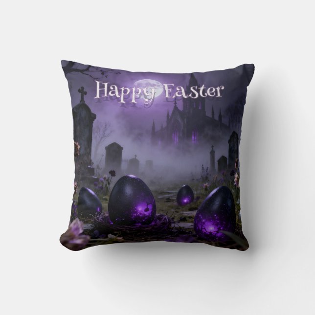 Dark Gothic Easter Scene with Glowing Eggs Cushion (Front)