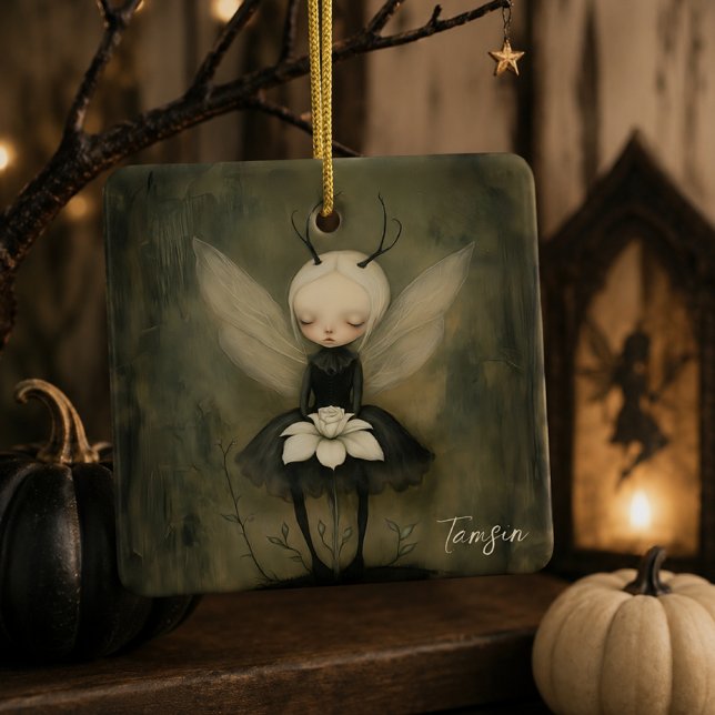 Dark Gothic Fairy with Flower Custom Name & Year Ceramic Ornament (Creator Uploaded)