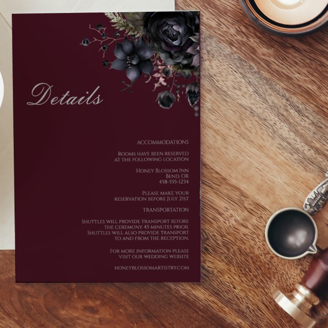 Dark Gothic Floral Burgundy Wedding Details Enclosure Card (Creator Uploaded)