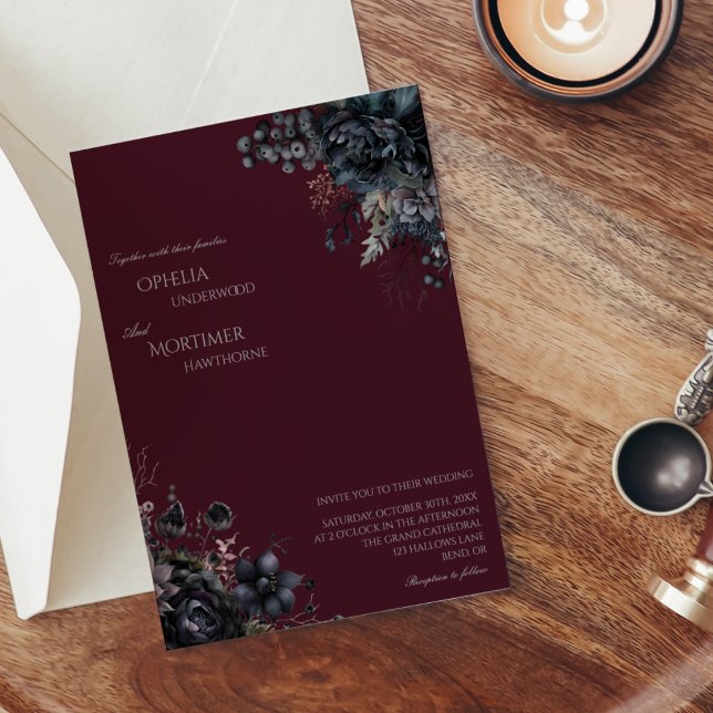 Dark Gothic Floral Burgundy Wedding Invitation (Creator Uploaded)
