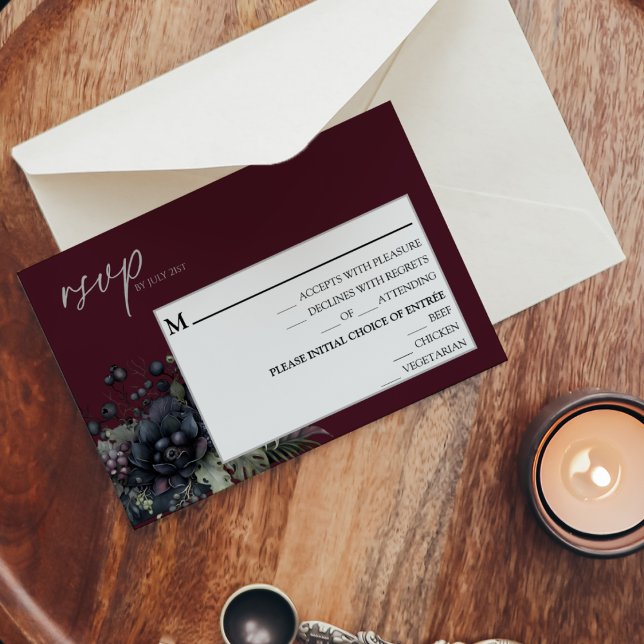 Dark Gothic Floral Burgundy Wedding Menu RSVP Card (Creator Uploaded)