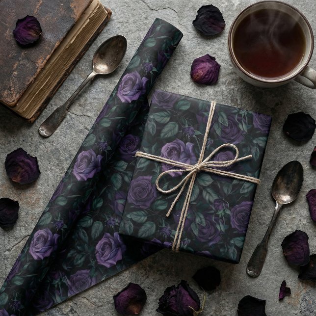 Dark Gothic Floral Pattern with Deep Purple Roses Wrapping Paper (Creator Uploaded)
