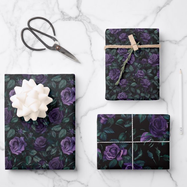 Dark Gothic Floral Pattern with Deep Purple Roses Wrapping Paper Sheet (Front)