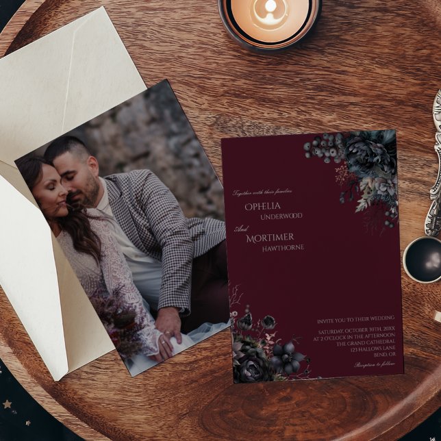 Dark Gothic Floral Photo Wedding Invitation (Creator Uploaded)