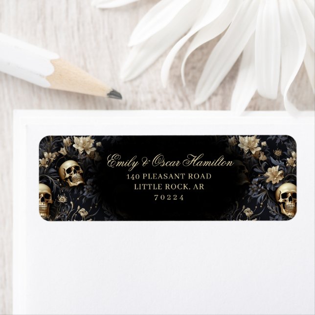Dark Gothic Floral Skull Gold Return Address (Insitu)