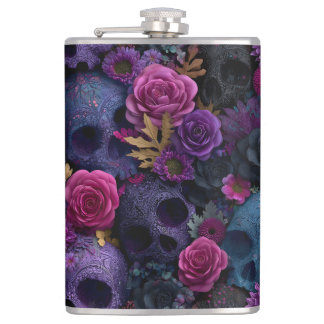 Dark Gothic Floral Skull Seamless Pattern Hip Flask