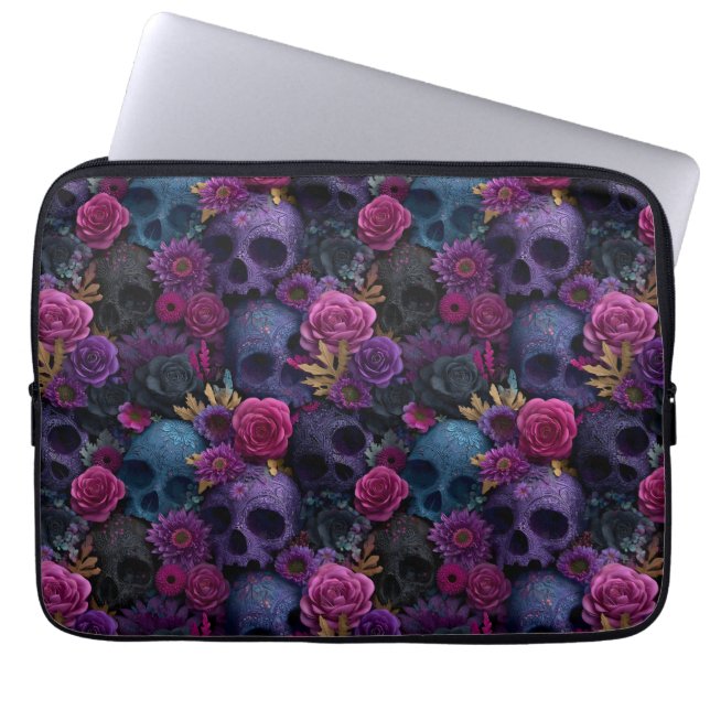 Dark Gothic Floral Skull Seamless Pattern Laptop Sleeve (Front)
