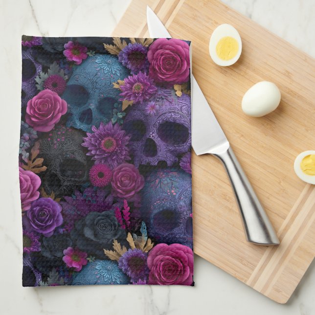 Dark Gothic Floral Skull Seamless Pattern Tea Towel (Quarter Fold)