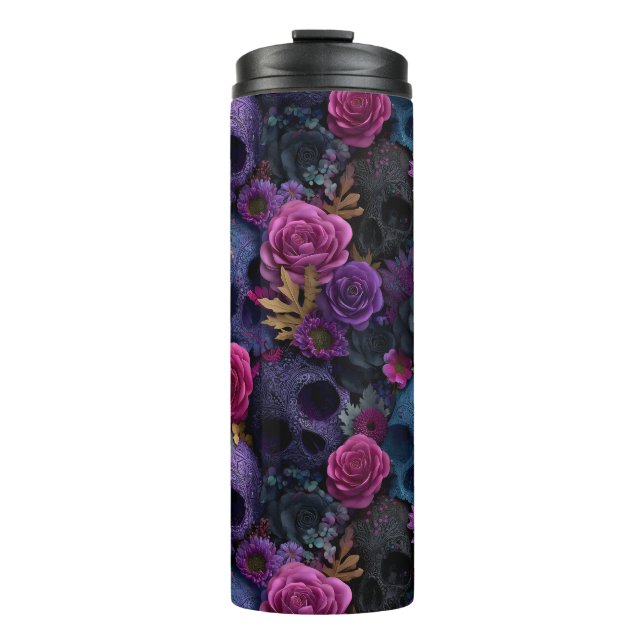 Dark Gothic Floral Skull Seamless Pattern Thermal Tumbler (Front)