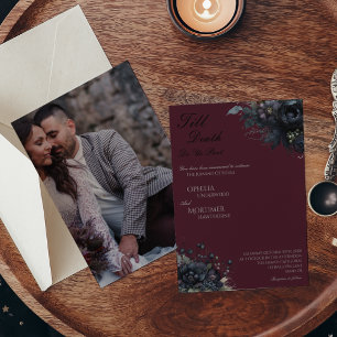 Dark Gothic Floral Till Death Photo Wedding Invitation