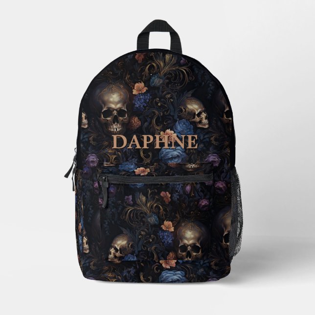 Dark Gothic Flowers & Skulls Monogram Printed Backpack (Front)