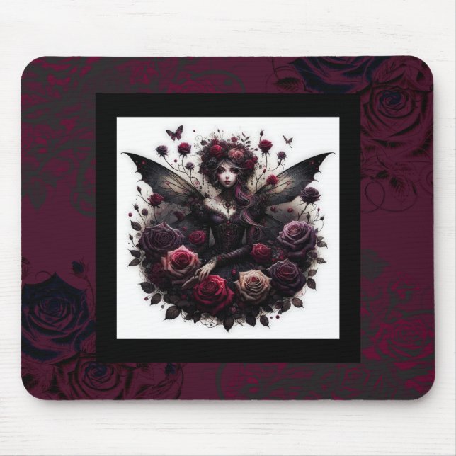 Dark Gothic Forest Fairy Floral Roses Burgundy Mouse Pad (Front)