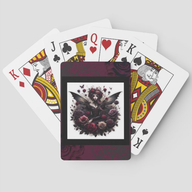 Dark Gothic Forest Fairy Floral Roses Burgundy Playing Cards (Back)