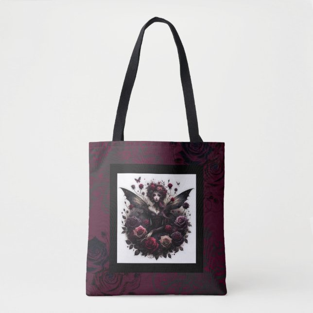 Dark Gothic Forest Fairy Floral Roses Burgundy Tote Bag (Front)