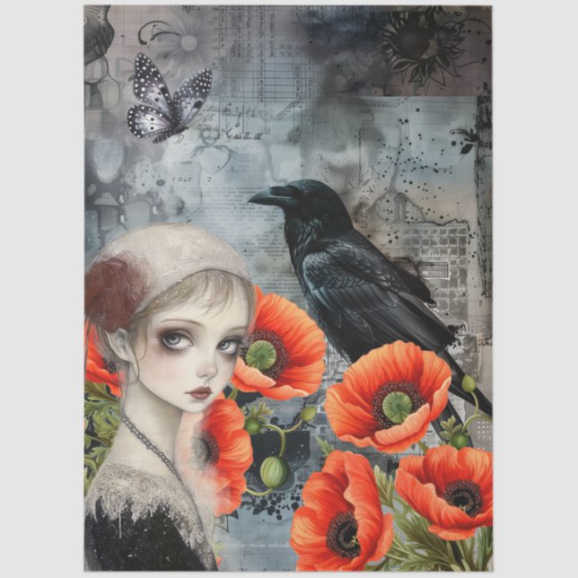 Dark Gothic Girl Raven Red Poppies Abstract Art  Tissue Paper (Front)