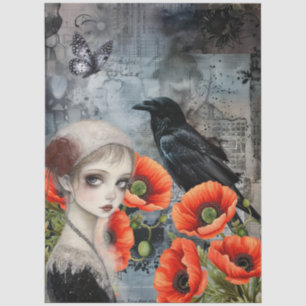 Dark Gothic Girl Raven Red Poppies Abstract Art Tissue Paper