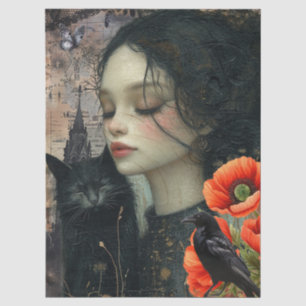 Dark Gothic Girl Raven Red Poppies Abstract Art  Tissue Paper