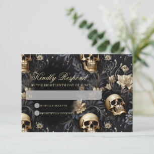 Dark Gothic Gold Skulls & Flowers Wedding RSVP Card