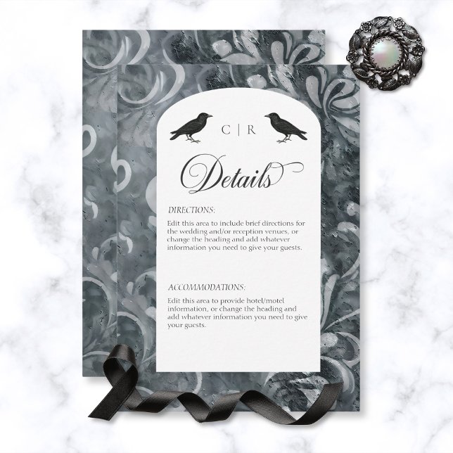 Dark Gothic Grey & Black Damask & Ravens Details Enclosure Card (Creator Uploaded)