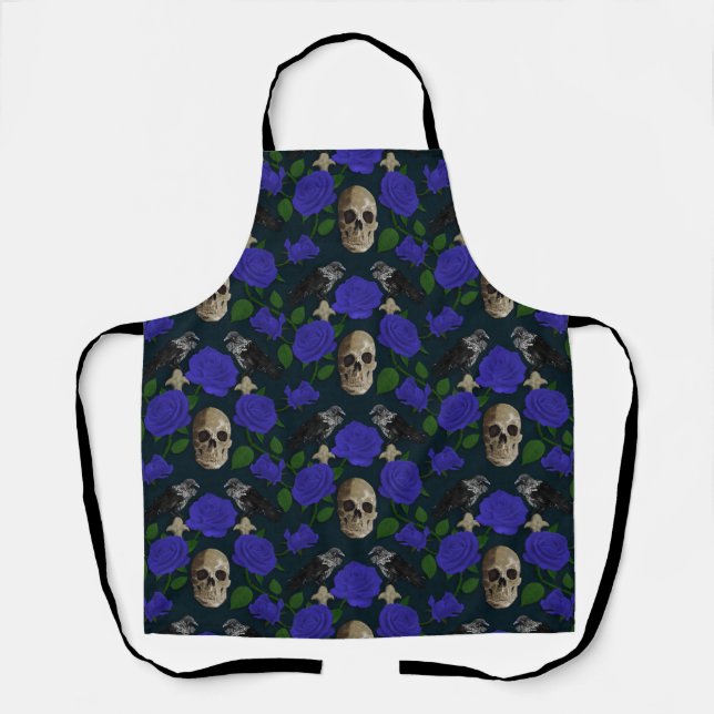 Dark Gothic Grungy Rose Vines Raven Skull blue Apron (Front)
