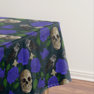 Dark Gothic Grungy Rose Vines Raven Skull blue Tablecloth
