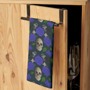 Dark Gothic Grungy Rose Vines Raven Skull blue Tea Towel